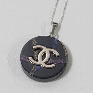 Chanel Charm with Sterling Silver Chain Black Iridescent
